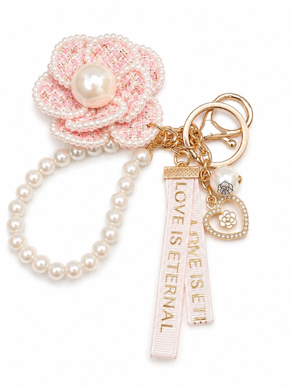 Pink Tweed Flower Pearl Wristlet Keychain Charm